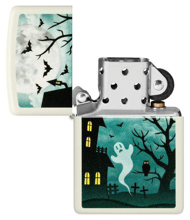Зажигалка ZIPPO Spooky Design с покрытием Glow In The Dark Green, латунь/сталь, белая, 38x13x57 мм