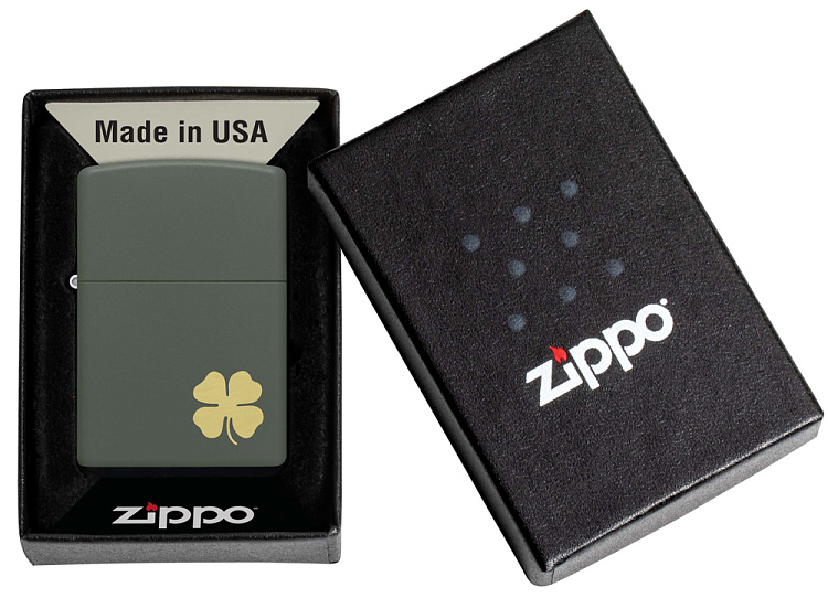 Зажигалка ZIPPO Four Leaf Clover с покрытием Green Matte, латунь/сталь, зеленая, 38x13x57 мм