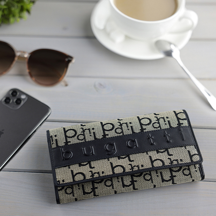 Кошелек женский BUGATTI Elea, бежево-черный цвет, жаккард/воловья кожа/полиэстер, 19х3х10 см