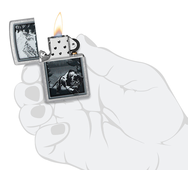 Зажигалка ZIPPO Mountain Lion с покрытием Street Chrome, латунь/сталь, серебристая, 38x13x57 мм
