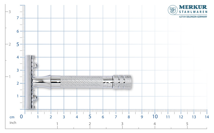 Cтанок Т-образный для бритья MERKUR 15C, глянцевое хромированное покрытие, открытый зубчатый гребень, короткая ручка, лезвие в комплекте (1 шт)