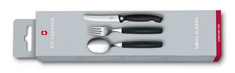 Набор из 3 столовых приборов VICTORINOX Swiss Classic: складной нож для овощей, вилка, ложка, чёрный