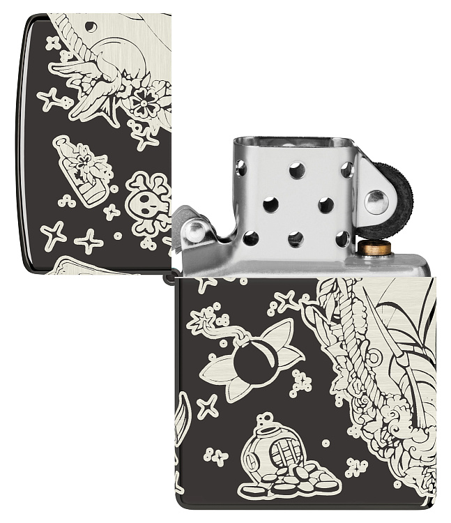 Зажигалка ZIPPO Pirates Treasure с покрытием High Polish Black, латунь/сталь, черная, 38x13x57 мм
