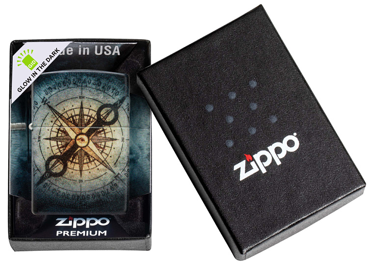 Зажигалка ZIPPO Compass Ghost с покрытием Glow In The Dark Green, латунь/сталь, черная, 38x13x57 мм