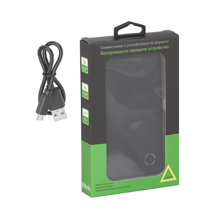 Беспроводное зарядное устройство, 6000 mAh, черный, покрытие soft touch