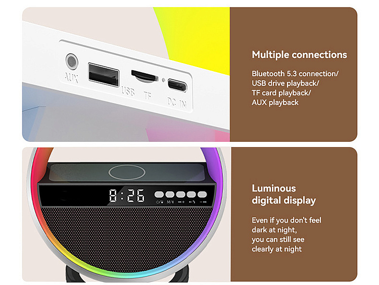 Bluetooth колонка "Smart Orb" 5Вт с беспроводным (15W) ЗУ, лампой, часами, FM радио