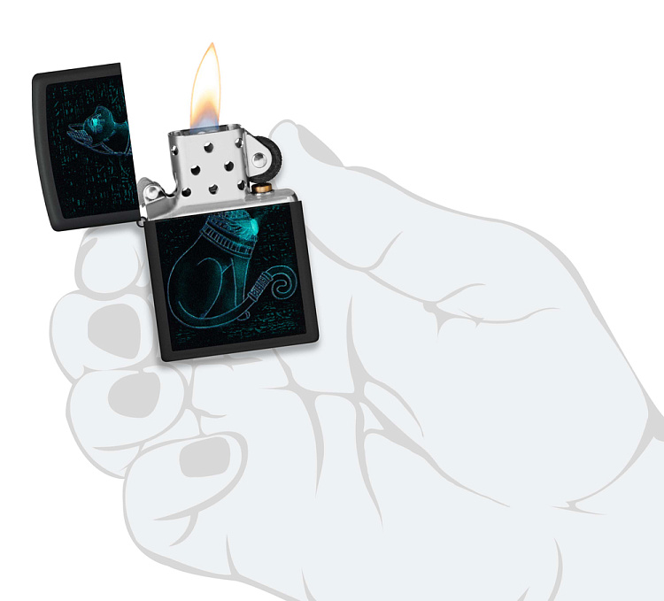 Зажигалка ZIPPO Spiritual Cat с покрытием Black Light, латунь/сталь, черная, матовая 38x13x57 мм