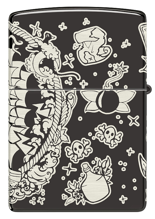Зажигалка ZIPPO Pirates Treasure с покрытием High Polish Black, латунь/сталь, черная, 38x13x57 мм