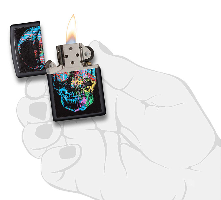 Зажигалка ZIPPO Skull Design с покрытием Black Matte, латунь/сталь, черная, 38x13x57 мм