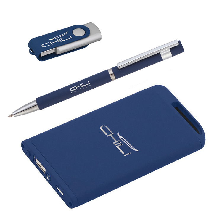 Набор ручка + флеш-карта 16Гб + зарядное устройство 4000 mAh в футляре, soft touch