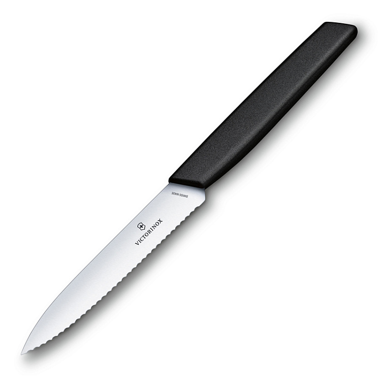 Нож для овощей и фруктов VICTORINOX Swiss Modern, лезвие 10 см с волнистой кромкой, чёрный