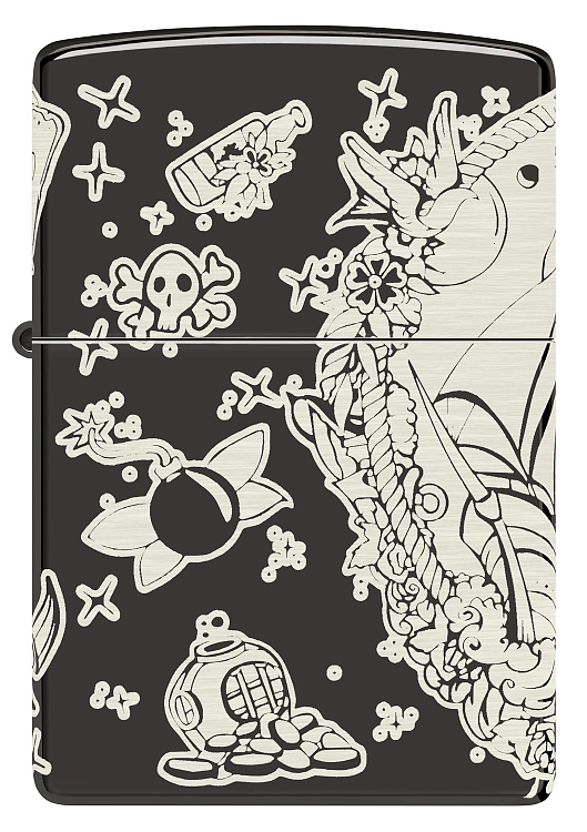 Зажигалка ZIPPO Pirates Treasure с покрытием High Polish Black, латунь/сталь, черная, 38x13x57 мм