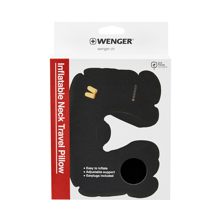 Подушка для самолёта WENGER, надувная, чёрная, флис, беруши в комплекте