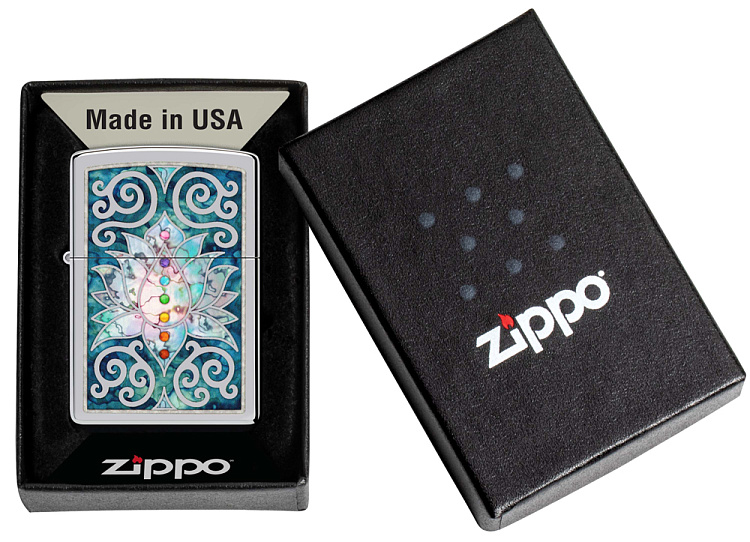 Зажигалка ZIPPO Lotus Flower с покрытием High Polish Chrome, латунь/сталь, серебристая, 38x13x57 мм