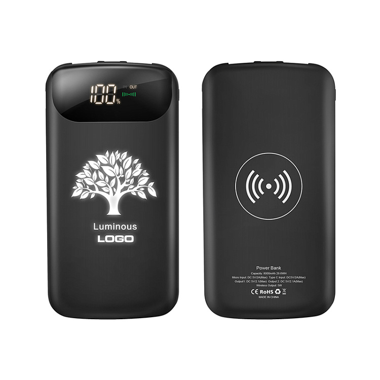 Беспроводное зарядное устройство "Shine SOFTTOUCH", 8000mAh с подсветкой логотипа и цифровым индикатором заряда