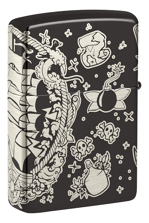 Зажигалка ZIPPO Pirates Treasure с покрытием High Polish Black, латунь/сталь, черная, 38x13x57 мм