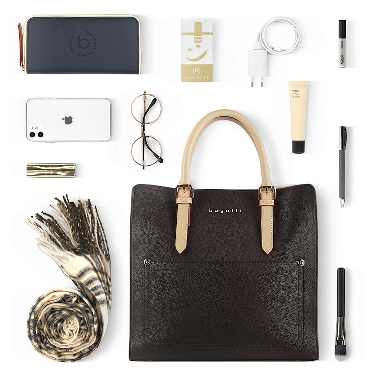 Сумка-портфель женская BUGATTI Ella, тёмно-коричневая, полиуретан, 30х11,5х28 см