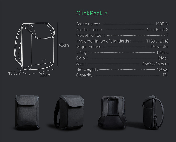 Рюкзак ClickPack X 45х32х15,5 см, с клапаном, черный