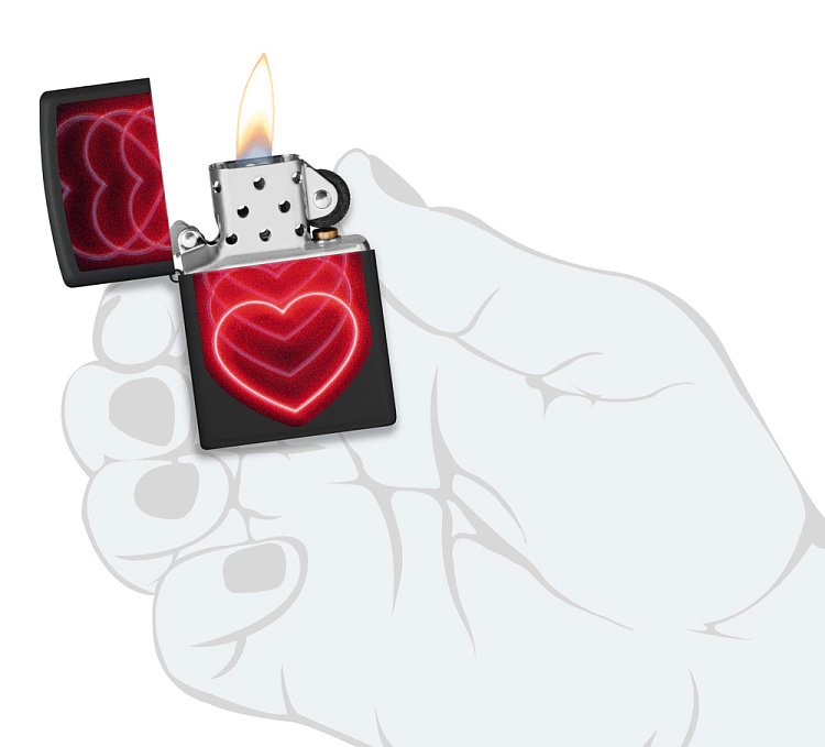 Зажигалка ZIPPO Hearts Design с покрытием Black Light, латунь/сталь, черная, матовая, 38x13x57 мм