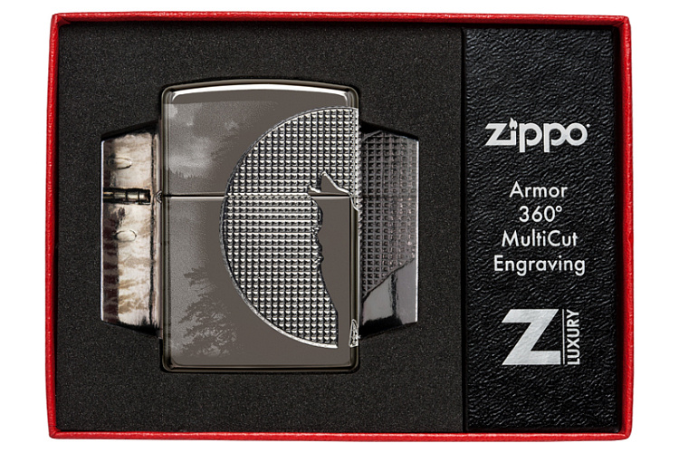 Зажигалка ZIPPO Armor™ Wolf  с покрытием High Polish Black Ice®, латунь/сталь, чёрная, 38x13x57 мм
