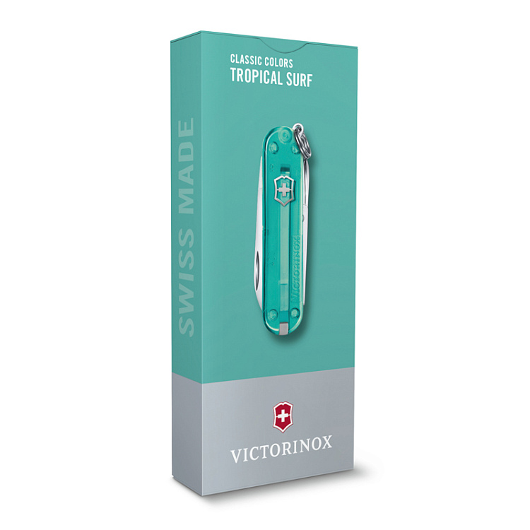 Нож-брелок VICTORINOX Classic SD Colors "Tropical Surf", 58 мм, 7 функций, полупрозрачный бирюзовый