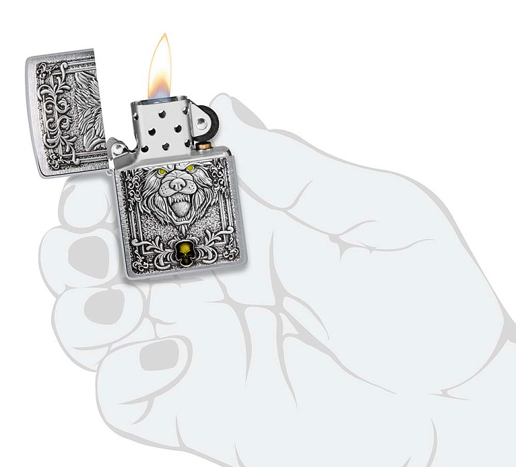 Зажигалка ZIPPO Wolf Emblem с покрытием Brushed Chrome, латунь/сталь, серебристая, 36x13x57 мм