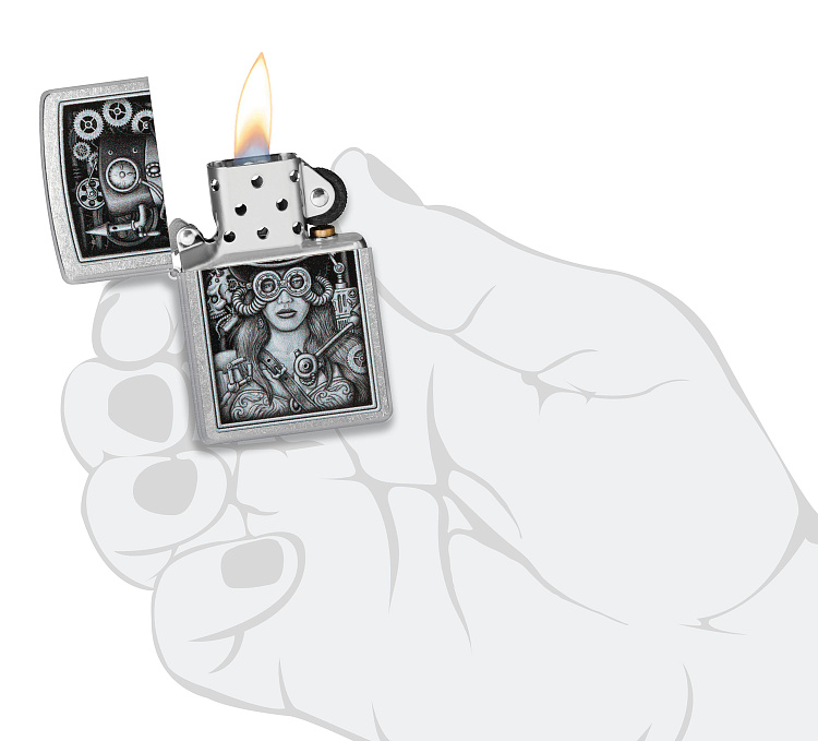 Зажигалка ZIPPO Steampunk с покрытием Street Chrome, латунь/сталь, серебристая, 38x13x57 мм