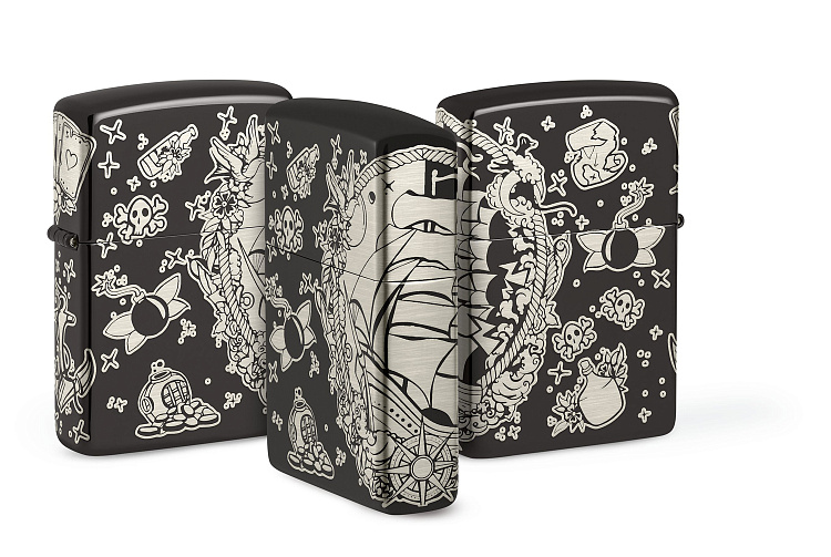 Зажигалка ZIPPO Pirates Treasure с покрытием High Polish Black, латунь/сталь, черная, 38x13x57 мм