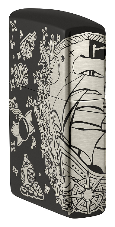 Зажигалка ZIPPO Pirates Treasure с покрытием High Polish Black, латунь/сталь, черная, 38x13x57 мм