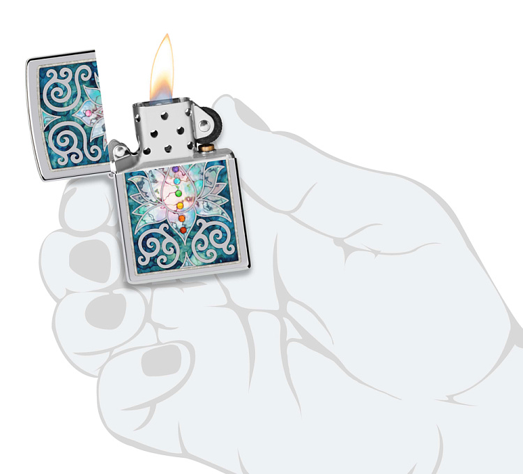 Зажигалка ZIPPO Lotus Flower с покрытием High Polish Chrome, латунь/сталь, серебристая, 38x13x57 мм