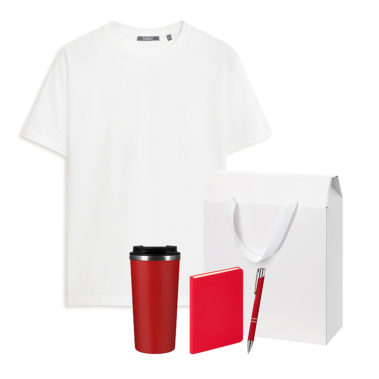 Набор с одеждой KRIS (футболка, термокружка, ежедневник, ручка), красный/белый