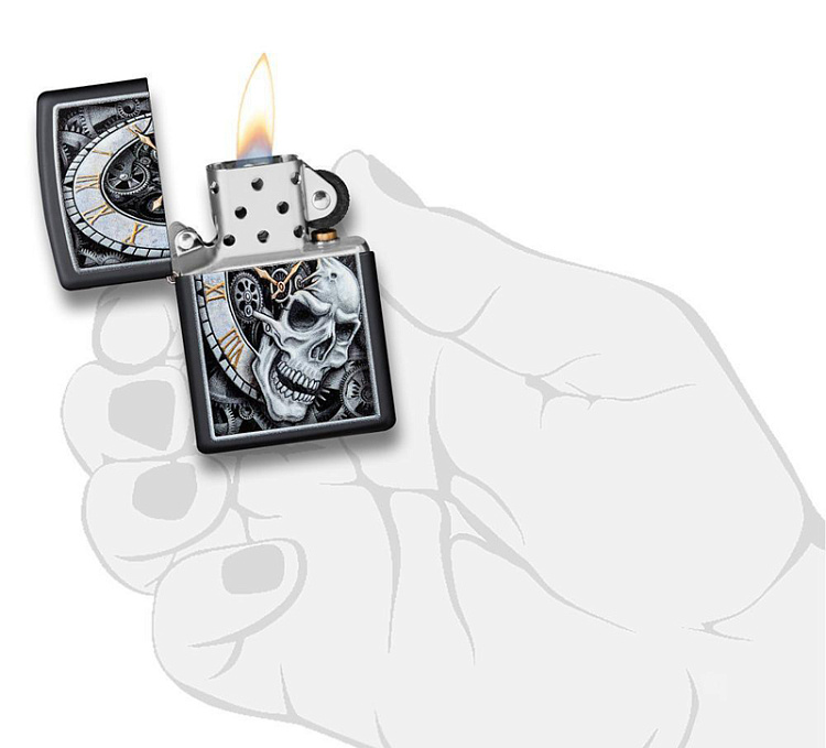 Зажигалка ZIPPO Skull Clock с покрытием Black Matte, латунь/сталь, чёрная, матовая, 38x13x57 мм