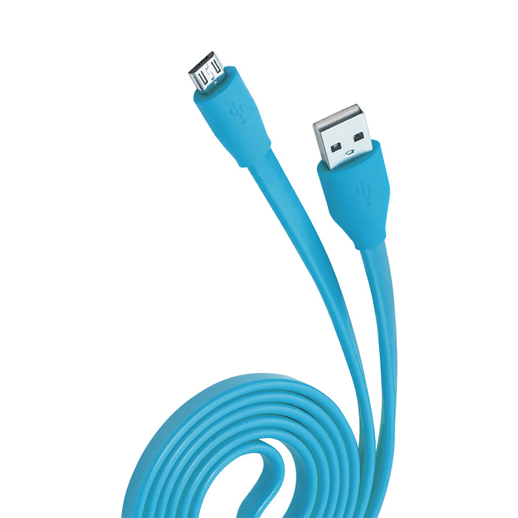 Кабель USB 2.0 - microUSB, 1м, 2.1A, голубой, плоский, OLMIO